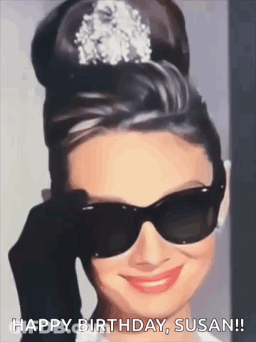 A Woman Wearing Sunglasses And A Tiara Is Smiling And Says Happy Birthday Susan ! GIF