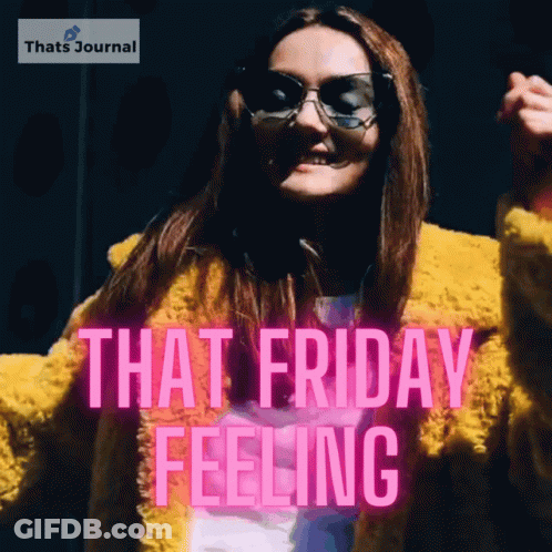 A Woman Wearing Sunglasses And A Yellow Coat Is Dancing With The Words That Friday Feeling Behind Her GIF