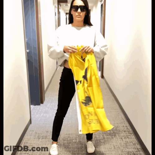 A Woman Wearing Sunglasses Holds Up A Yellow Flag That Says ' On A Sunny Day ' On It GIF