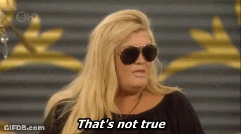 A Woman Wearing Sunglasses Is Saying `` That 'S Not True '' On A Television Show . GIF