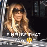 A Woman Wearing Sunglasses Is Sitting In A Car And Saying `` Fine , Be That Way '' . GIF
