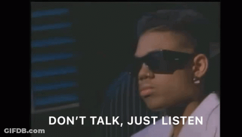 A Woman Wearing Sunglasses Says " Don T Talk Just Listen " GIF