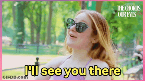 A Woman Wearing Sunglasses Says " I 'Ll See You There " In A Park GIF