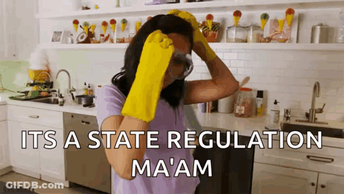 A Woman Wearing Yellow Gloves And Goggles Says It 'S A State Regulation Ma'am GIF