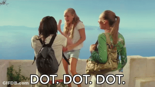A Woman With A Backpack Is Standing Next To Two Other Women With The Words Dot Dot Dot Written Below Them GIF