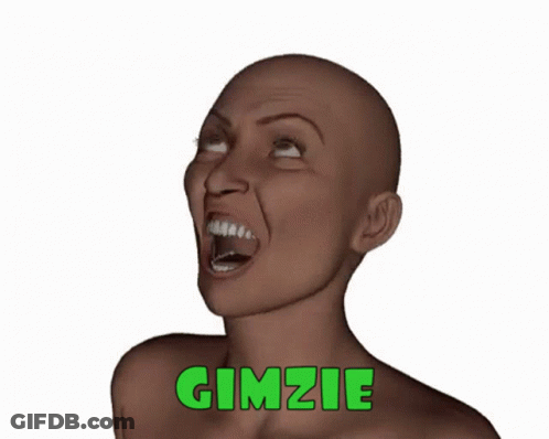 A Woman With A Bald Head Is Screaming With The Word Gimzie In Green Letters Behind Her GIF