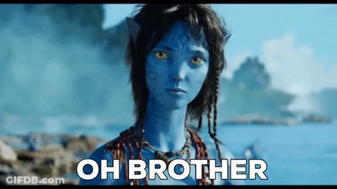 A Woman With A Blue Face And Yellow Eyes Is Standing In Front Of A Body Of Water And Says `` Oh Brother '' . GIF