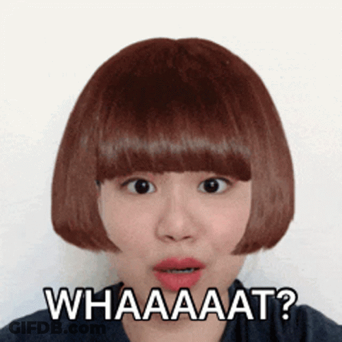 A Woman With A Bob Hairstyle Has The Words Whaaaat On Her Face GIF