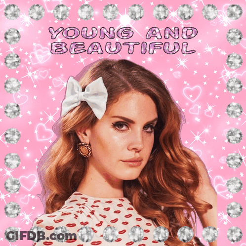 A Woman With A Bow In Her Hair Is Surrounded By Diamonds And Hearts And The Words Young And Beautiful GIF