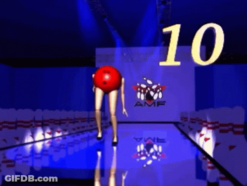 A Woman With A Bowling Ball On Her Head Stands In Front Of A Sign That Says Amf GIF