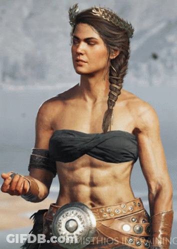 A Woman With A Braided Hair And A Crown On Her Head Is Standing In Front Of A Misthios In Training Logo GIF