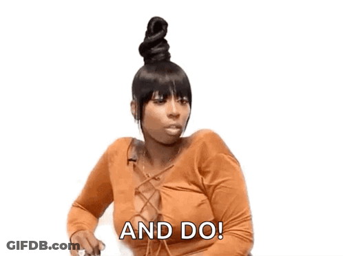 A Woman With A Bun On Her Head Is Sitting Down With The Words `` And Do '' Written Next To Her . GIF