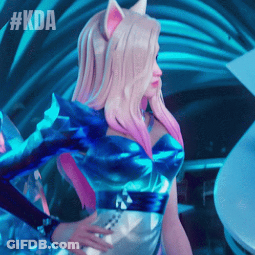 A Woman With A Cat Ear And #Kda On The Bottom Right GIF