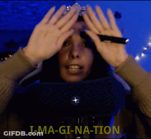 A Woman With A Crown On Her Head And The Words I-Ma-Gina-Tion Above Her GIF