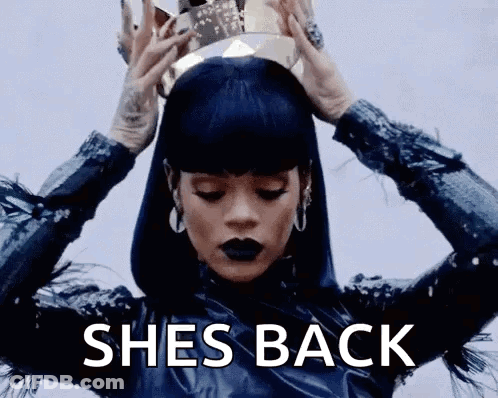 A Woman With A Crown On Her Head And The Words She 'S Back Behind Her GIF