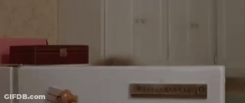 A Woman With A Face Mask On Her Face Is Standing In Front Of A Refrigerator . GIF
