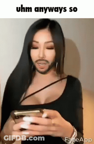 A Woman With A Fake Beard Is Holding A Cell Phone GIF