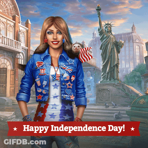 A Woman With A Ferret On Her Shoulder And The Words Happy Independence Day GIF