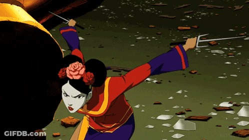 A Woman With A Flower In Her Hair Is Holding A Sword In Her Hand GIF