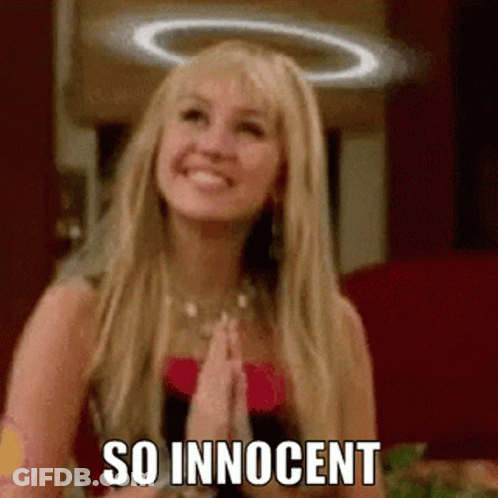 A Woman With A Halo On Her Head Says So Innocent GIF