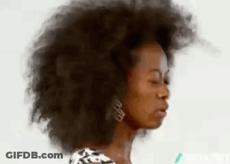 A Woman With A Large Afro Is Blowing Her Hair In The Wind . GIF