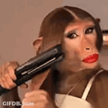 A Woman With A Monkey Face Is Holding A Hair Straightener . GIF