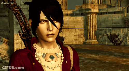 A Woman With A Necklace And A Sword Looks At The Camera With Illusive Soul Written In The Corner GIF