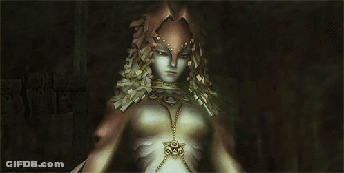 A Woman With A Necklace Around Her Neck Is Standing In The Dark GIF