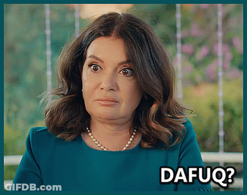 A Woman With A Pearl Necklace Is Making A Funny Face With The Words Dafuq Written Below Her GIF