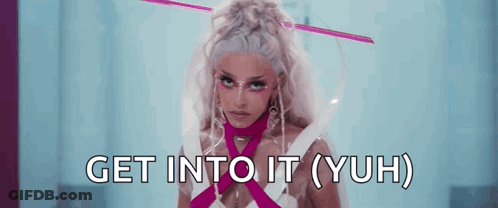 A Woman With A Pink Ribbon Around Her Neck Says Get Into It GIF
