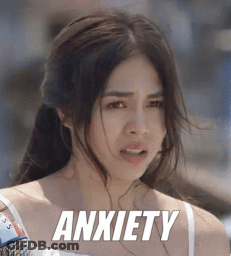 A Woman With A Ponytail And The Word Anxiety Written On Her Face GIF
