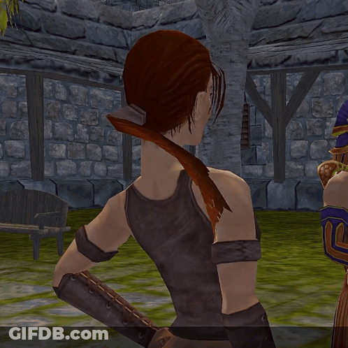 A Woman With A Ponytail Holds A Sword In Her Right Hand GIF