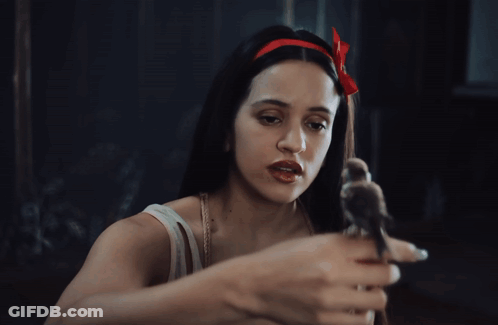 A Woman With A Red Bow In Her Hair Holds A Small Bird In Her Hand GIF