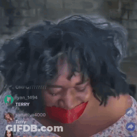 A Woman With A Red Ribbon Around Her Mouth GIF