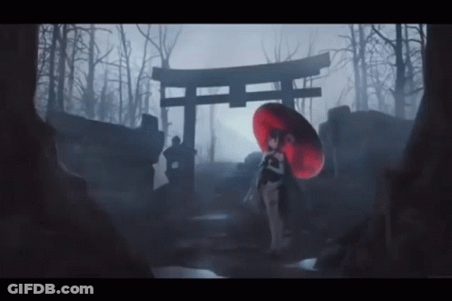 A Woman With A Red Umbrella Is Standing In Front Of A Torii Gate In A Dark Forest . GIF