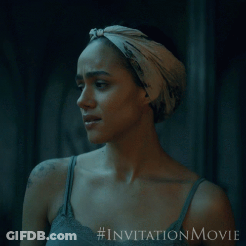A Woman With A Scarf Around Her Head Is Featured In An Invitation Movie GIF