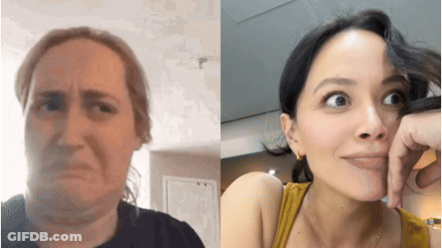 A Woman With A Serious Look On Her Face And A Woman With A Smiling Look On Her Face GIF
