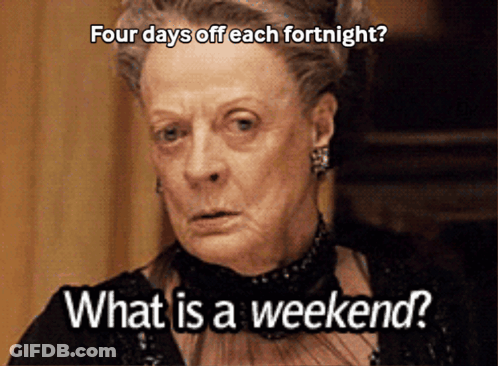 A Woman With A Serious Look On Her Face Is Asking What Is A Weekend GIF