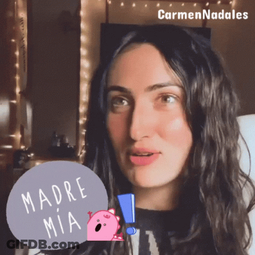 A Woman With A Sticker That Says Madre Mia On It GIF