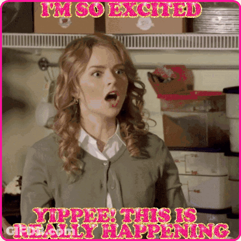 A Woman With A Surprised Look On Her Face And The Words I 'M So Excited GIF