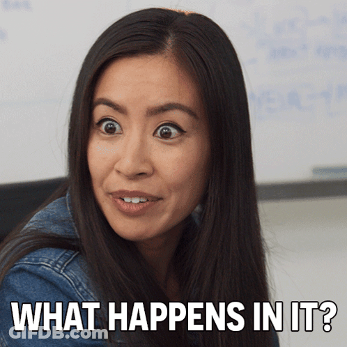 A Woman With A Surprised Look On Her Face And The Words " What Happens In It " Below Her GIF