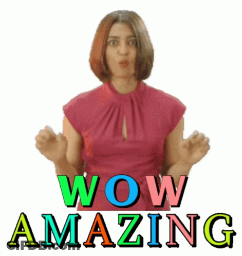 A Woman With A Surprised Look On Her Face And The Words Wow Amazing Below Her GIF
