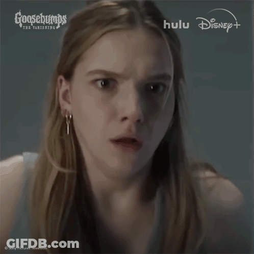 A Woman With A Surprised Look On Her Face Is Featured In An Ad For Goosebumps The Vanishing GIF