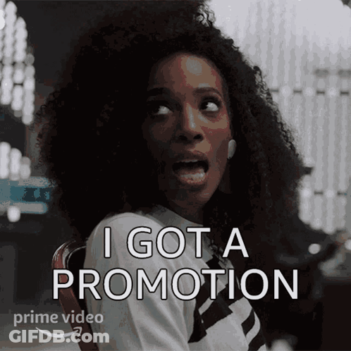 A Woman With A Surprised Look On Her Face Says I Got A Promotion From Prime Video GIF