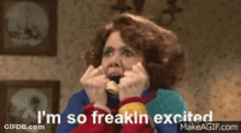 A Woman With A Surprised Look On Her Face Says I 'M So Freakin Excited . GIF
