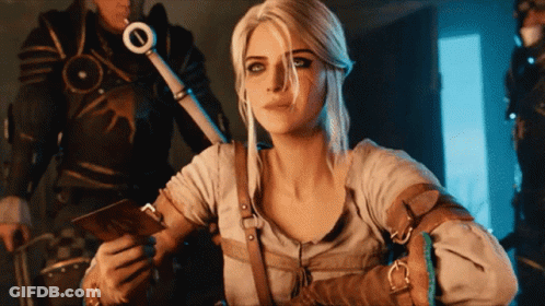 A Woman With A Sword And A Card That Says ' I 'M Sorry ' On It GIF