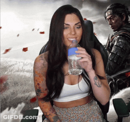 A Woman With A Tattoo On Her Arm Drinks Water From A Blue Bottle GIF