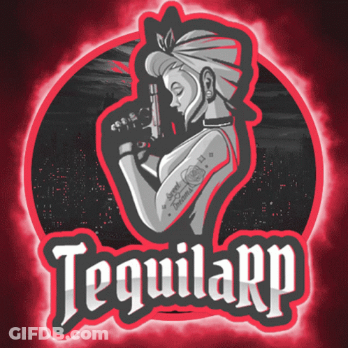 A Woman With A Tattoo On Her Arm Is Holding A Gun In A Logo For Tequilarp GIF