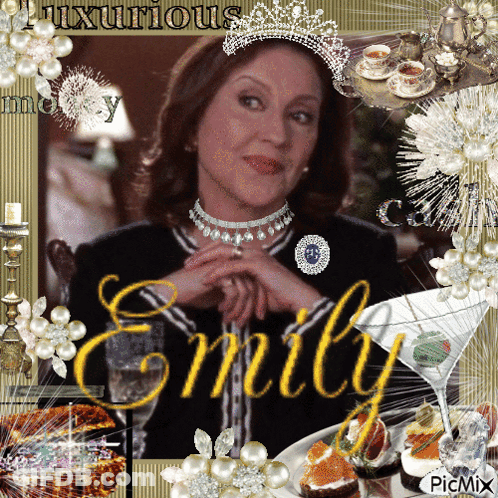 A Woman With A Tiara And The Name Emily GIF