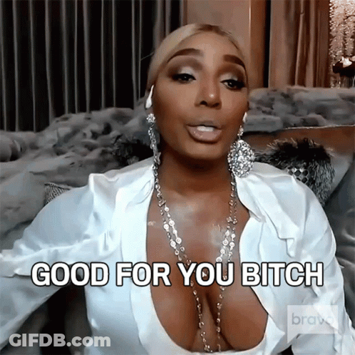 A Woman With A Very Large Breast Is Sitting On A Couch And Saying Good For You Bitch GIF